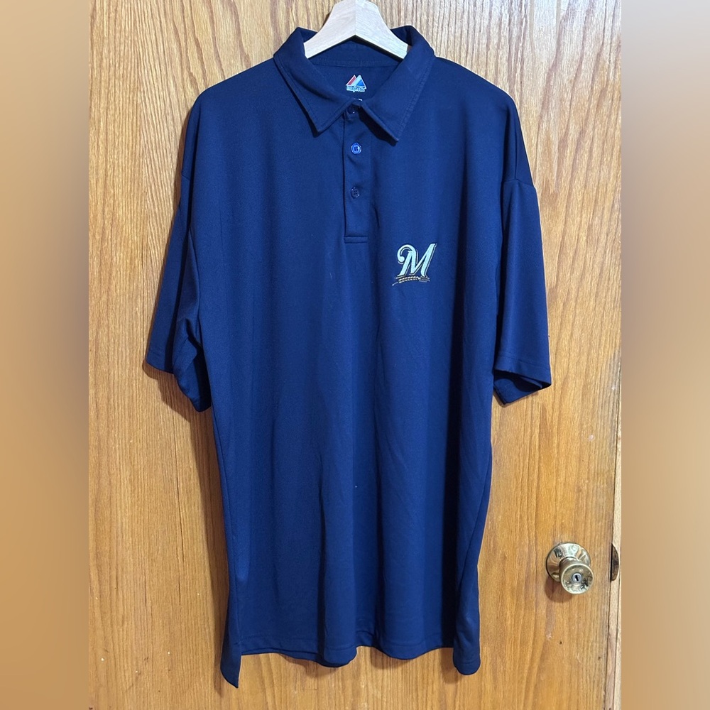 Majestic Milwaukee Brewers sz XLT Dark Blue Polo‎ Shirt men’s. U